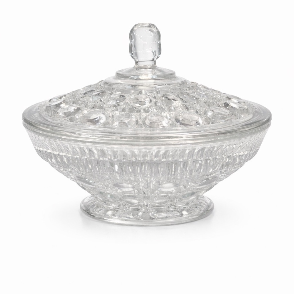 Vintage Indiana Glass Windsor Candy Dish with Lid Button & Cane Compote